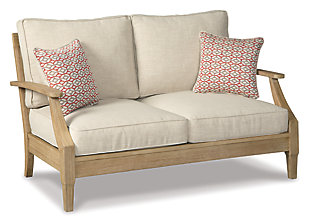 An effortlessly elegant choice in outdoor furniture, the Clare View outdoor loveseat marries sturdiness and style in such a delightful way. For that much more weather protection, the loveseat’s eucalyptus wood frame with tapered touches and slat styling is treated to a 5-step finishing process. Sumptuously soft yet remarkably durable, the included cushions and colorful throw pillows are wrapped in a high-performing, low-maintenance Nuvella® fabric you’re sure to love.Made of eucalyptus wood | 5-step protective coating process | 2 throw pillows included | Zippered cushions and pillows covered in high-performing Nuvella® fabric | Clean fabric with mild soap and water, let air dry; for stubborn stains, use a solution of 1 cup bleach to 1 gallon water | All-weather foam cushion core wrapped in soft polyester | Imported fabric and fill | Assembly required | Estimated Assembly Time: 30 Minutes