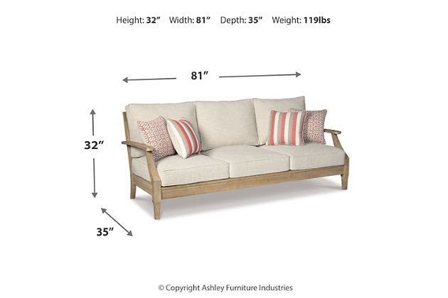 An effortlessly elegant choice in outdoor furniture, the Clare View outdoor sofa marries sturdiness and style in such a delightful way. For that much more weather protection, the sofa’s eucalyptus wood frame with tapered touches and slat styling is treated to a 5-step finishing process. Sumptuously soft yet remarkably durable, the included cushions and colorful throw pillows are wrapped in a high-performing, low-maintenance Nuvella® fabric you’re sure to love.Made of eucalyptus wood | 5-step protective coating process | 4 throw pillows included | Zippered cushions and pillows covered in high-performing Nuvella® fabric | Clean fabric with mild soap and water, let air dry; for stubborn stains, use a solution of 1 cup bleach to 1 gallon water | All-weather foam cushion core wrapped in soft polyester | Imported fabric and fill | Assembly required | Estimated Assembly Time: 30 Minutes