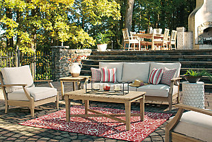 An effortlessly elegant choice in outdoor furniture, the Clare View outdoor sofa marries sturdiness and style in such a delightful way. For that much more weather protection, the sofa’s eucalyptus wood frame with tapered touches and slat styling is treated to a 5-step finishing process. Sumptuously soft yet remarkably durable, the included cushions and colorful throw pillows are wrapped in a high-performing, low-maintenance Nuvella® fabric you’re sure to love.Made of eucalyptus wood | 5-step protective coating process | 4 throw pillows included | Zippered cushions and pillows covered in high-performing Nuvella® fabric | Clean fabric with mild soap and water, let air dry; for stubborn stains, use a solution of 1 cup bleach to 1 gallon water | All-weather foam cushion core wrapped in soft polyester | Imported fabric and fill | Assembly required | Estimated Assembly Time: 30 Minutes