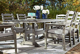 It’s the dawn of a new day for gray. Embrace the style trend with the Visola outdoor dining table. Crafted of HDPE material that combines the exceptional durability and weather resistance you need with the “wood look” you love, this rectangular outdoor table takes al fresco living to a whole new level. Slatted top infuses a plank-style, farmhouse-inspired touch that naturally sheds rainwater.Made of HDPE material | Gray finish with textured wood look | Slatted top | Seats 6 | Assembly required | Estimated Assembly Time: 30 Minutes