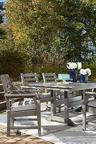 It’s the dawn of a new day for gray. Embrace the style trend with the Visola outdoor dining table. Crafted of HDPE material that combines the exceptional durability and weather resistance you need with the “wood look” you love, this rectangular outdoor table takes al fresco living to a whole new level. Slatted top infuses a plank-style, farmhouse-inspired touch that naturally sheds rainwater.Made of HDPE material | Gray finish with textured wood look | Slatted top | Seats 6 | Assembly required | Estimated Assembly Time: 30 Minutes