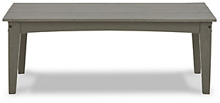 It’s the dawn of a new day for gray. Embrace the style trend with the Visola outdoor coffee table. Crafted of HDPE material that combines the exceptional durability and weather resistance you need with the “wood look” you love, this rectangular outdoor coffee table takes al fresco living to a whole new level. Slatted top infuses a plank-style, farmhouse-inspired touch that naturally sheds rainwater.Made of HDPE material | Gray finish with textured wood look | Slatted top | Assembly required | Estimated Assembly Time: 15 Minutes