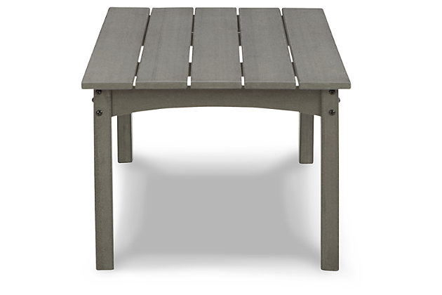 It’s the dawn of a new day for gray. Embrace the style trend with the Visola outdoor coffee table. Crafted of HDPE material that combines the exceptional durability and weather resistance you need with the “wood look” you love, this rectangular outdoor coffee table takes al fresco living to a whole new level. Slatted top infuses a plank-style, farmhouse-inspired touch that naturally sheds rainwater.Made of HDPE material | Gray finish with textured wood look | Slatted top | Assembly required | Estimated Assembly Time: 15 Minutes