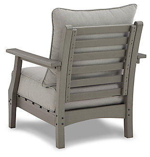 It’s the dawn of a new day for gray. Embrace the style trend with the Visola outdoor lounge chair. Crafted of HDPE material that combines the exceptional durability and weather resistance you need with the “wood look” you love, this comfortably cushioned outdoor chair takes outdoor living to a whole new level. Rest assured, the thick seat and back cushions are wrapped in our exclusive Nuvella® high-performance fabric that’s fade resistant, stain resistant and a breeze to clean.Set of 2 | Made of HDPE material | Gray finish with textured wood look | Seat/back cushions covered in solution-dyed Nuvella® (polyester) high-performance fabric | All-weather foam cushion core wrapped in soft polyester | Clean fabric with mild soap and water, let air dry; for stubborn stains, use a solution of 1 cup bleach to 1 gallon water | Imported fabric and fill | Assembly required | Estimated Assembly Time: 45 Minutes