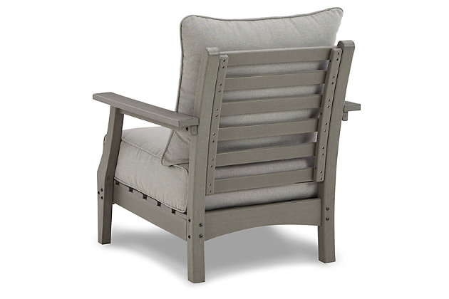 It’s the dawn of a new day for gray. Embrace the style trend with the Visola outdoor lounge chair. Crafted of HDPE material that combines the exceptional durability and weather resistance you need with the “wood look” you love, this comfortably cushioned outdoor chair takes outdoor living to a whole new level. Rest assured, the thick seat and back cushions are wrapped in our exclusive Nuvella® high-performance fabric that’s fade resistant, stain resistant and a breeze to clean.Set of 2 | Made of HDPE material | Gray finish with textured wood look | Seat/back cushions covered in solution-dyed Nuvella® (polyester) high-performance fabric | All-weather foam cushion core wrapped in soft polyester | Clean fabric with mild soap and water, let air dry; for stubborn stains, use a solution of 1 cup bleach to 1 gallon water | Imported fabric and fill | Assembly required | Estimated Assembly Time: 45 Minutes