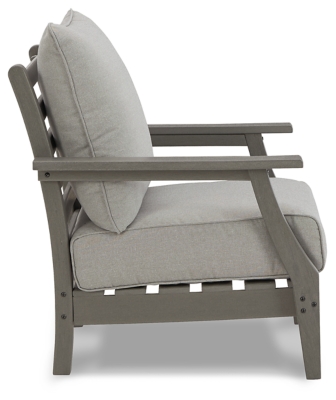 It’s the dawn of a new day for gray. Embrace the style trend with the Visola outdoor lounge chair. Crafted of HDPE material that combines the exceptional durability and weather resistance you need with the “wood look” you love, this comfortably cushioned outdoor chair takes outdoor living to a whole new level. Rest assured, the thick seat and back cushions are wrapped in our exclusive Nuvella® high-performance fabric that’s fade resistant, stain resistant and a breeze to clean.Set of 2 | Made of HDPE material | Gray finish with textured wood look | Seat/back cushions covered in solution-dyed Nuvella® (polyester) high-performance fabric | All-weather foam cushion core wrapped in soft polyester | Clean fabric with mild soap and water, let air dry; for stubborn stains, use a solution of 1 cup bleach to 1 gallon water | Imported fabric and fill | Assembly required | Estimated Assembly Time: 45 Minutes