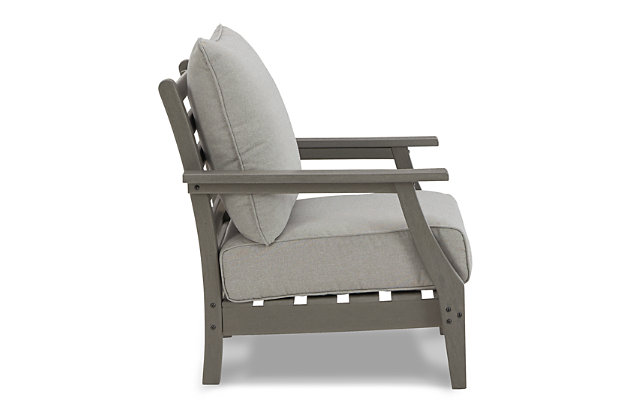 It’s the dawn of a new day for gray. Embrace the style trend with the Visola loveseat, set of 2 chairs and cocktail table set. Crafted of HDPE material that combines the exceptional durability and weather resistance you need with the "wood look" you love, this timeless set takes al fresco living to a whole new level. Slatted styling on the table naturally sheds rainwater. The thick seat and back cushions on the chairs and loveseat are wrapped in our exclusive Nuvella® high-performance fabric that’s fade resistant, stain resistant and a breeze to clean.Includes cocktail table, loveseat and set of two lounge chairs  | Table, loveseat and chair made of HDPE material | Table, loveseat and chair with gray finish with textured wood look | Table with slatted top | Seat/back cushions and throw pillows covered in solution-dyed Nuvella® (polyester) high-performance fabric | All-weather foam cushion core wrapped in soft polyester | 2 throw pillows included | Clean fabric with mild soap and water, let air dry; for stubborn stains, use a solution of 1 cup bleach to 1 gallon water | Imported fabric and fill | Estimated Assembly Time: 90 Minutes
