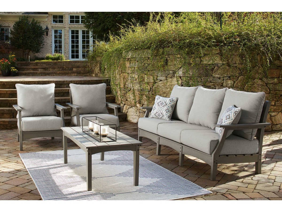 Ashley Visola Outdoor Sofa and 2 Chairs with Coffee Table