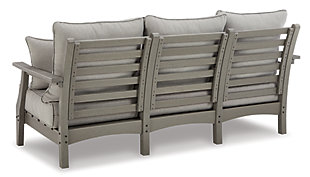 It’s the dawn of a new day for gray. Embrace the style trend with the Visola outdoor set. Each piece is crafted of HDPE material, combining the exceptional durability and weather resistance you need with the “wood look” you love. The coffee table and comfortably cushioned seats take alfresco living to a whole new level. A slatted table top infuses a plank-style, farmhouse-inspired touch and naturally sheds rainwater. Rest assured, the thick cushions on the sofa and loveseat are wrapped in Nuvella® high-performance fabric that’s fade-resistant, stain-resistant and a breeze to keep clean.Includes sofa, loveseat and coffee table | Made of durable and sturdy HDPE material | Gray finish with textured wood look | Stainless steel hardware | Throw pillows included | Seat/back cushions and pillows covered in solution-dyed Nuvella® (polyester) high-performance fabric | All-weather foam cushion core wrapped in soft polyester | Slatted table top | Clean fabric with mild soap and water, let air dry; for stubborn stains, use a solution of 1 cup bleach to 1 gallon water | Imported fabric and fill | Assembly required | Estimated Assembly Time: 75 Minutes