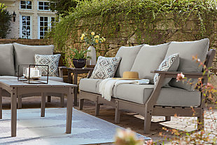 It’s the dawn of a new day for gray. Embrace the style trend with the Visola outdoor sofa. Crafted of HDPE material that combines the exceptional durability and weather resistance you need with the “wood look” you love, this comfortably cushioned sofa takes outdoor living to a whole new level. Rest assured, the thick seat and back cushions and throw pillows are wrapped in our exclusive Nuvella® high-performance fabric that’s fade resistant, stain resistant and a breeze to clean.Made of HDPE material | Gray finish with textured wood look | Seat/back cushions and throw pillows covered in solution-dyed Nuvella® (polyester) high-performance fabric | All-weather foam cushion core wrapped in soft polyester | 2 throw pillows included | Clean fabric with mild soap and water, let air dry; for stubborn stains, use a solution of 1 cup bleach to 1 gallon water | Imported fabric and fill | Assembly required | Estimated Assembly Time: 30 Minutes