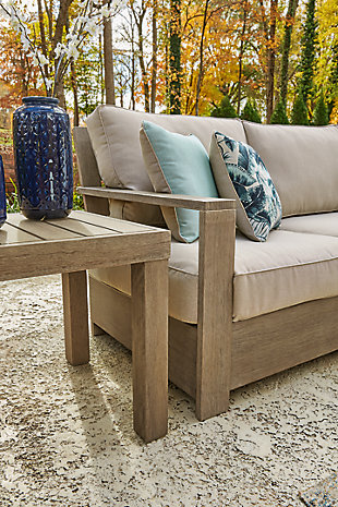 Beautifully on point, this Silo Point 3-piece outdoor sectional is the natural choice for modern minimalists who know that less is more. Quality crafted of eucalyptus wood, the ultra clean-lined frames of the pieces are enriched with a multi-step embossed finish that both brings out the wood’s natural grain and protects it from the elements for seasons of fun in the sun. Rest assured, the sectional is topped with thick seat and back cushions wrapped in our exclusive Nuvella® high-performance fabric that’s fade resistant, stain resistant and a breeze to clean. Combination of a light, neutral fabric and natural wood makes a high-style understatement.Includes right-arm facing loveseat, corner chair with cushion and left-arm facing loveseat | "Left-arm" and "right-arm" describe the position of the arm when you face the piece | Made of eucalyptus wood | Multi-step embossed finish | Cushions and throw pillows covered in solution-dyed Nuvella® (polyester) high-performance fabric | All-weather foam cushion core wrapped in soft polyester | 6 throw pillows included | Clean fabric with mild soap and water, let air dry; for stubborn stains, use a solution of 1 cup bleach to 1 gallon water | Imported fabric and fill | Assembly required | Estimated Assembly Time: 80 Minutes