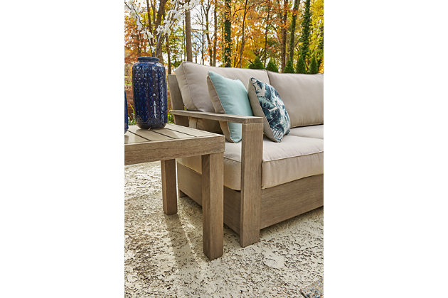 Beautifully on point, this Silo Point 3-piece outdoor sectional is the natural choice for modern minimalists who know that less is more. Quality crafted of eucalyptus wood, the ultra clean-lined frames of the pieces are enriched with a multi-step embossed finish that both brings out the wood’s natural grain and protects it from the elements for seasons of fun in the sun. Rest assured, the sectional is topped with thick seat and back cushions wrapped in our exclusive Nuvella® high-performance fabric that’s fade resistant, stain resistant and a breeze to clean. Combination of a light, neutral fabric and natural wood makes a high-style understatement.Includes right-arm facing loveseat, corner chair with cushion and left-arm facing loveseat | "Left-arm" and "right-arm" describe the position of the arm when you face the piece | Made of eucalyptus wood | Multi-step embossed finish | Cushions and throw pillows covered in solution-dyed Nuvella® (polyester) high-performance fabric | All-weather foam cushion core wrapped in soft polyester | 6 throw pillows included | Clean fabric with mild soap and water, let air dry; for stubborn stains, use a solution of 1 cup bleach to 1 gallon water | Imported fabric and fill | Assembly required | Estimated Assembly Time: 80 Minutes