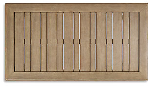 Discover a high style alternative to traditional outdoor furniture. With its antiqued teak-like finish, the Gerianne coffee table definitely has the corner on style. Better yet, it has the edge when it comes to affordability. For that much more weather protection, the table's eucalyptus wood frame with slat styling is treated to a 5-step finishing process.Made of eucalyptus wood | Grayish brown finish | Slatted top sheds rainwater | Assembly required | Estimated Assembly Time: 15 Minutes