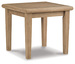 Discover a high style alternative to traditional outdoor furniture. With its antiqued teak-like finish, the Gerianne end table definitely has the corner on style. Better yet, it has the edge when it comes to affordability. For that much more weather protection, the table's eucalyptus wood frame with slat styling is treated to a 5-step finishing process.Made of eucalyptus wood | Grayish brown finish | Slatted top sheds rainwater | Assembly required | Estimated Assembly Time: 15 Minutes