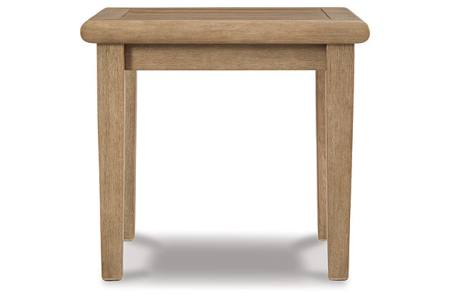Discover a high style alternative to traditional outdoor furniture. With its antiqued teak-like finish, the Gerianne end table definitely has the corner on style. Better yet, it has the edge when it comes to affordability. For that much more weather protection, the table's eucalyptus wood frame with slat styling is treated to a 5-step finishing process.Made of eucalyptus wood | Grayish brown finish | Slatted top sheds rainwater | Assembly required | Estimated Assembly Time: 15 Minutes