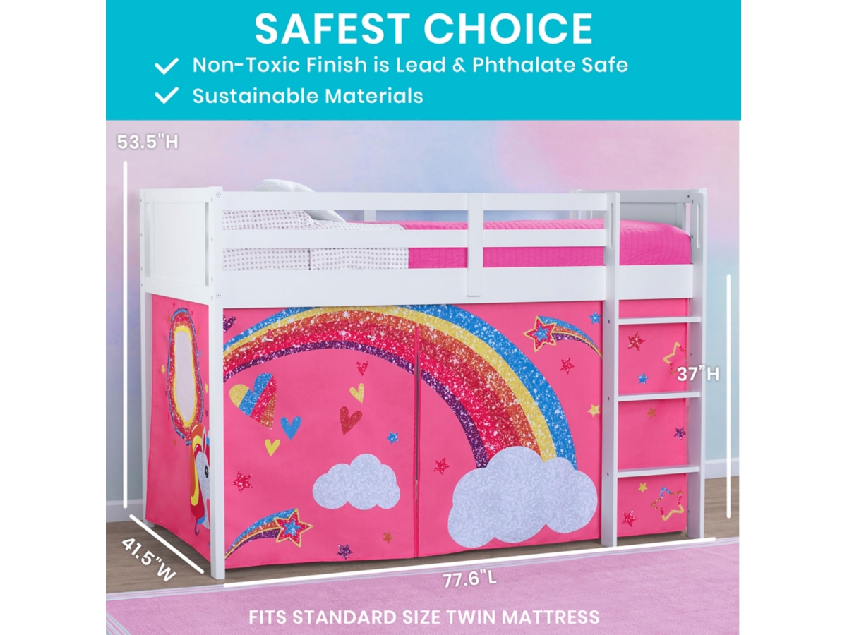 Delta Children Twin Low Loft Bed with Jojo Siwa Tent Curtain Set Ashley