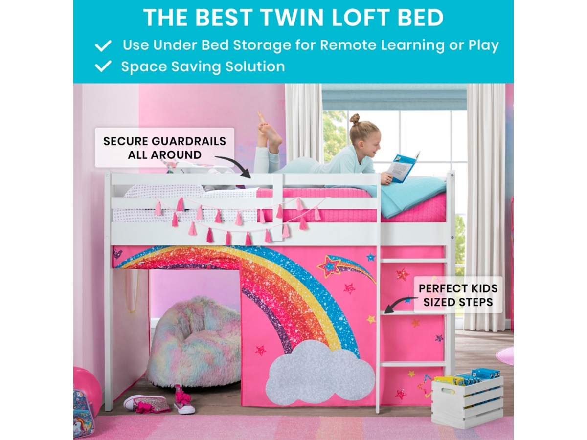 Delta Children Twin Low Loft Bed with Jojo Siwa Tent Curtain Set Ashley