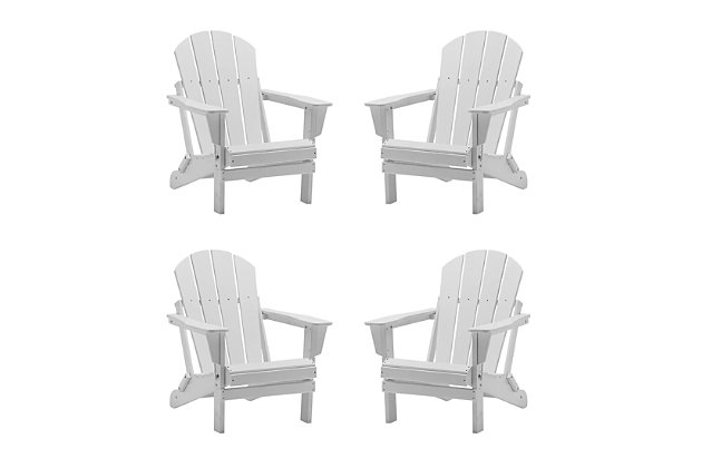 Lend a fun pop of color and style to your outdoor area with this charming Adirondack chair package. Durable recycled poly material resists splits, cracks, rot and peeling for a lasting and attractive element you are sure to appreciate. Slatted detailing on the seats and arched backs and waterfall fronts make for more comfortable seating for you and guests to enjoy.Set of 4 folding Adirondack chairs | Solid, heavy duty construction for long lasting usage | Made with sturdy recycled plastic and eco-friendly materials for long lasting usage | UV and fade resistant for all weather conditions | Easy to clean and requires minimal maintenance | Hardware included