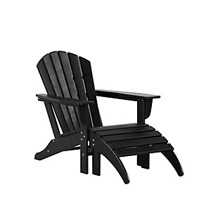 Add stylish sensibility to your outdoor area with this charming Adirondack chair and ottoman set. With its slatted design, wide arms and contoured reclined seat, the chair offers superior comfort. The set is stain-resistant for hassle-free cleaning, and the durable material resists splits, cracks, rot and peeling so it can last for years to come. Blending fashion and function, this contemporary chair and ottoman are sure to make a splash.Includes Adirondack chair and ottoman | Made with HDPE recycled polyethylene | Solid, heavy-duty construction for long-lasting usage | Will not splinter, crack, chip, peel or rot | UV- and fade-resistant for all weather conditions | Easy to clean and requires minimal maintenance | Assembly required