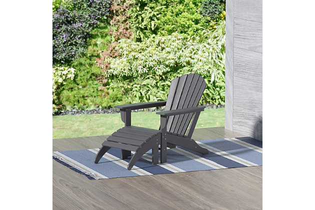 Add stylish sensibility to your outdoor area with this charming Adirondack chair and ottoman set. With its slatted design, wide arms and contoured reclined seat, the chair offers superior comfort. The set is stain-resistant for hassle-free cleaning, and the durable material resists splits, cracks, rot and peeling so it can last for years to come. Blending fashion and function, this contemporary chair and ottoman are sure to make a splash.Includes Adirondack chair and ottoman | Made with HDPE recycled polyethylene | Solid, heavy-duty construction for long-lasting usage | Will not splinter, crack, chip, peel or rot | UV- and fade-resistant for all weather conditions | Easy to clean and requires minimal maintenance | Assembly required