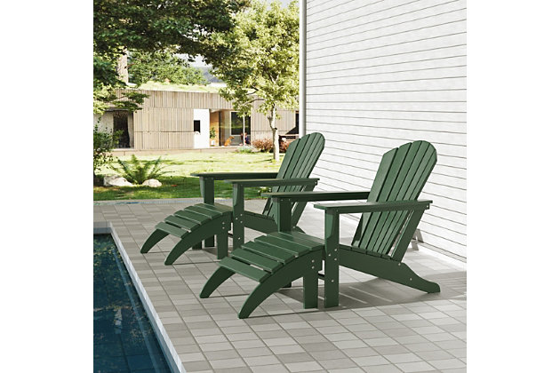 Add stylish sensibility to your outdoor area with this charming set of Adirondack chairs and ottomans. With its slatted design, wide arms and contoured reclined seat, the chair offers superior comfort. The set is stain-resistant for hassle-free cleaning, and the durable material resists splits, cracks, rot and peeling so it can last for years to come. Blending fashion and function, these contemporary pieces are sure to make a splash.Includes 2 Adirondack chairs and 2 ottomans | Made with HDPE recycled polyethylene | Solid, heavy-duty construction for long-lasting usage | Will not splinter, crack, chip, peel or rot | UV- and fade-resistant for all weather conditions | Easy to clean and requires minimal maintenance | Assembly required
