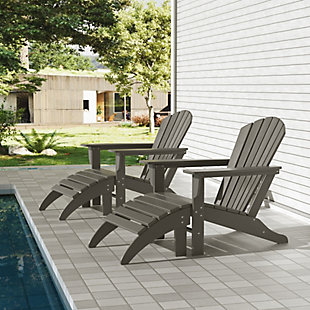 Add stylish sensibility to your outdoor area with this charming set of Adirondack chairs and ottomans. With its slatted design, wide arms and contoured reclined seat, the chair offers superior comfort. The set is stain-resistant for hassle-free cleaning, and the durable material resists splits, cracks, rot and peeling so it can last for years to come. Blending fashion and function, these contemporary pieces are sure to make a splash.Includes 2 Adirondack chairs and 2 ottomans | Made with HDPE recycled polyethylene | Solid, heavy-duty construction for long-lasting usage | Will not splinter, crack, chip, peel or rot | UV- and fade-resistant for all weather conditions | Easy to clean and requires minimal maintenance | Assembly required