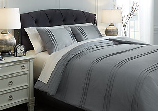 Complete your bedroom retreat with the posh and pretty pleats of the Mattias 3-piece comforter set. Made of feel-good cotton, the gorgeous gray chambray weave fabric is right on trend.Set includes comforter and 2 shams | Cotton cover | Polyester fill | Imported | Machine washable