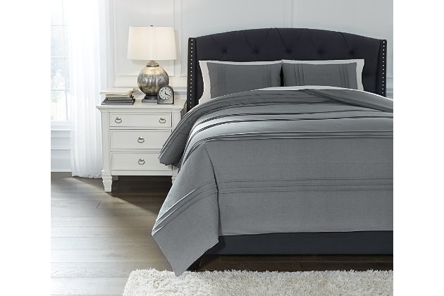 Complete your bedroom retreat with the posh and pretty pleats of the Mattias 3-piece queen comforter set. Made of feel-good cotton, the gorgeous gray chambray weave fabric is right on trend.Set includes comforter and 2 shams | Cotton cover | Polyester fill | Imported | Machine washable