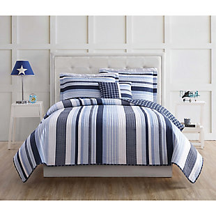 Striped Twin Quilt Set, Blue/White, rollover