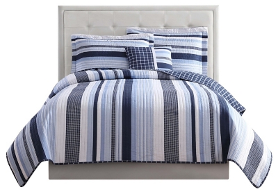Striped Twin Quilt Set, Blue/White, large
