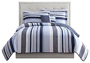 Striped Full Quilt Set, Blue/White, large
