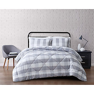 Plaid Full/Queen Comforter Set, Gray/White, rollover