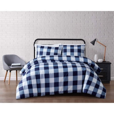 Plaid Twin XL Duvet Set, White/Navy, rollover
