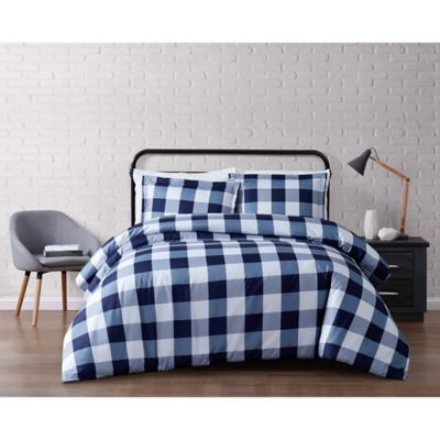 Plaid Twin XL Duvet Set, White/Navy, rollover