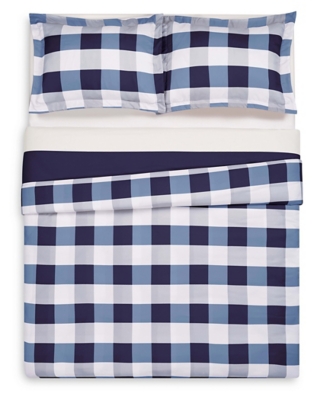 Plaid Twin XL Duvet Set, White/Navy, large