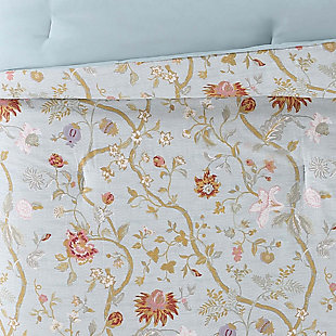 Rest your eyes on this 2-piece twin XL comforter set with fabulous floral face and solid-tone reverse cloth for color-coordinated flair. Pretty without being overly feminine, it’s sure to liven things up in the bedroom.Set includes comforter and sham | Floral pattern on front; solid color on reverse | Made of cotton and microfiber with polyester fiber fill | Imported | Machine washable