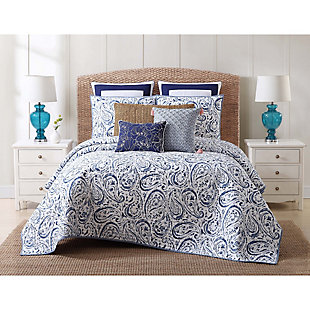 Floral Print Full/Queen Quilt Set, White/Navy, rollover