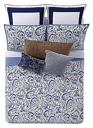 Floral Print Full/Queen Quilt Set, White/Navy, large