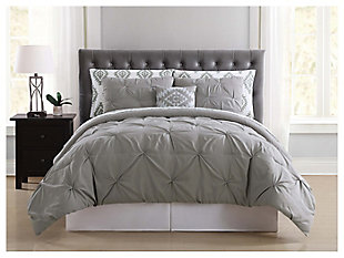 Pleated Full Comforter Set, Gray, large