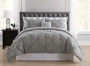 Pleated Queen Comforter Set, Gray, rollover