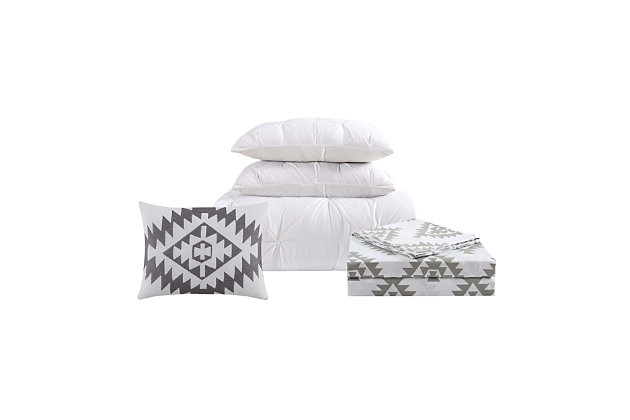 Poised yet playful, this ensemble adds a touch of romance to any space. Softly textured pleats on the comforter pair beautifully with southwest patterned sheets to create an air of effortless indulgence in an on-trend color palette. Toss in the charming accent pillow to complete the look.Set includes comforter, 2 shams, decorative pillow, fitted sheet, flat sheet and 2 pillowcases | Pleated face; solid color on reverse | Comforter, shams, sheets and pillowcases made of microfiber polyester; comforter with polyester fiber fill | Imported | Machine washable
