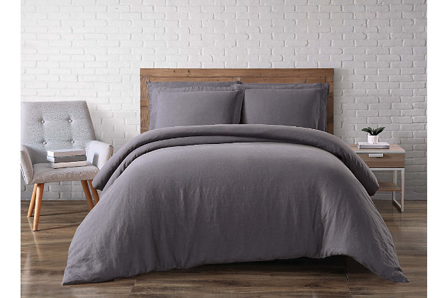Made of naturally moisture-wicking linen to keep you cool and comfortable all night long, this full/queen duvet set is the stuff dreams are made of. What a light and lovely choice for your sleep retreat.Includes duvet and 2 standard shams | Made of linen | Imported | Machine washable