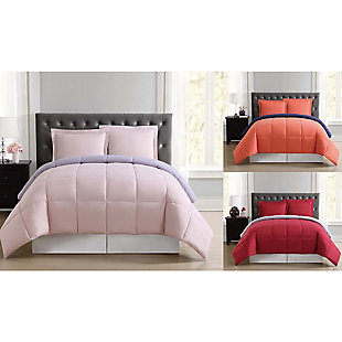 Get a solid start on your home decor with this classic reversible bedding set. An all-over color allows you to create your look again and again without major expense. Box quilting prevents the fill from shifting and bunching while adding a subtle geometric flair.Includes comforter and sham | Made of brushed microfiber polyester | Polyfill | Imported | Machine washable