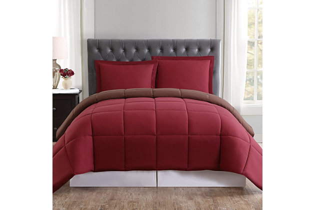 Create a solid home base with the superior softness of this reversible bedding set. All-over color allows you to mix-and-match with ease. Box quilting prevents shifting and bunching while adding a subtle geometric flair.Includes comforter and sham | Made of microfiber polyester | Polyfill | Imported | Machine washable