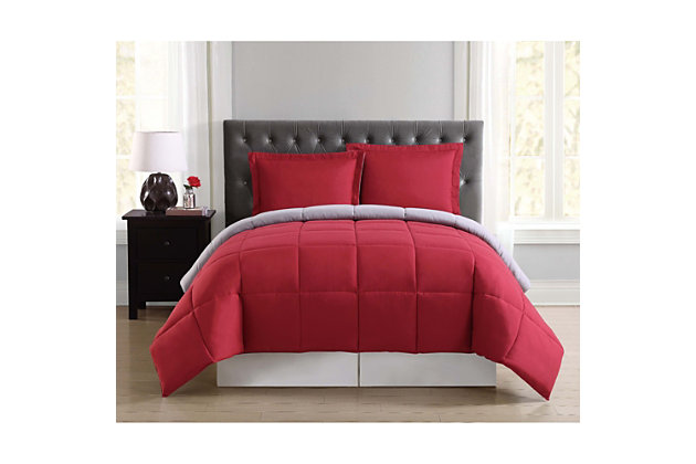 Create a solid home base with the superior softness of this reversible bedding set. All-over color allows you to mix-and-match with ease. Box quilting prevents shifting and bunching while adding a subtle geometric flair.Includes comforter and 2 shams | Made of microfiber polyester | Polyfill | Imported | Machine washable