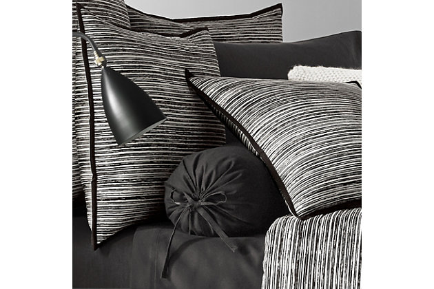Update your bedroom with the uniquely modern style of this Euro sham. The striking print features contrasting black and white brushstrokes to create a textured stripe for a refined, contemporary look that complements any decor.Made of 100% cotton | Black and gray | Plush polyfill | 1 euro sham (26" x 26") | Indoor use only | Machine washable | Imported