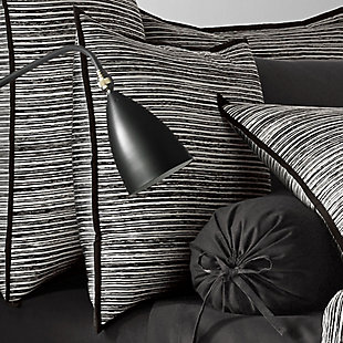 Update your bedroom with the uniquely modern style of this comforter set. The striking print features contrasting black and white brushstrokes to create a textured stripe for a refined, contemporary look that complements any decor.Made of 100% cotton | Plush polyfill | Black and gray reversible design | 1 queen comforter (92" x 96") | 2 shams (20" x 26" each) | 1 bedskirt (50" x 82" x 15") | Machine wash | Imported