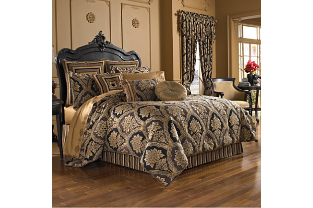 In beautifully woven shades of gold and black this chenille damask comforter set is elegantly embellished. Create a sense of true opulence in your space with the perfectly coordinated details of this grand bedding.Made of woven chenille damask | Plush polyfill | 1 king comforter | 2 king shams | 1 king bedskirt | Dry clean only | Imported