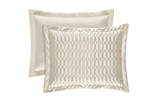 Add some luxury to your bedroom with this glamorous pillow sham. Made of highly constructed satin, this piece brings elegance to any bedroom.Made of 100% polyester | Plush polyfill | 1 standard sham | Zipper closure | Dry clean only | Imported