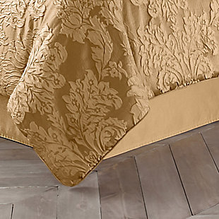 Create opulence on a grand scale with this elegant look. The traditional ornate damask design has been enlarged to a chic, modern scale. Thanks to a special wash process the dramatic fabric has a soft, relaxed and unique appliqued quality. Fill your space with the luxurious coordinating accents and revel in your fine taste.Made of 100% polyester | Plush polyfill | 1 queen comforter | 2 standard shams | 1 queen bedskirt | Dry clean only | Imported